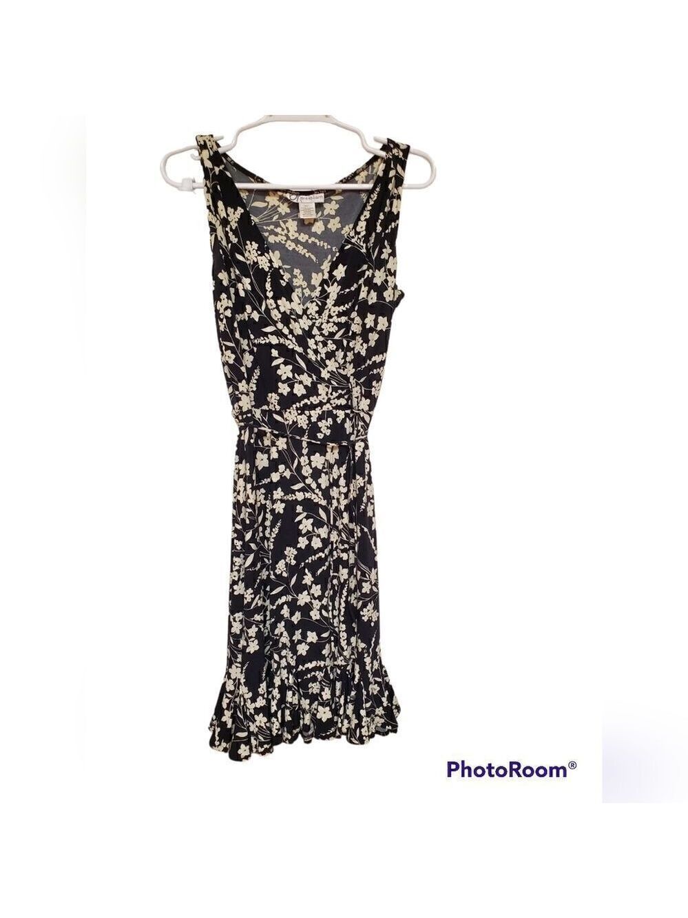 Dressbarn Black Ivory Floral Faux Wrap Ruffle Hem Dress Women's Size 6